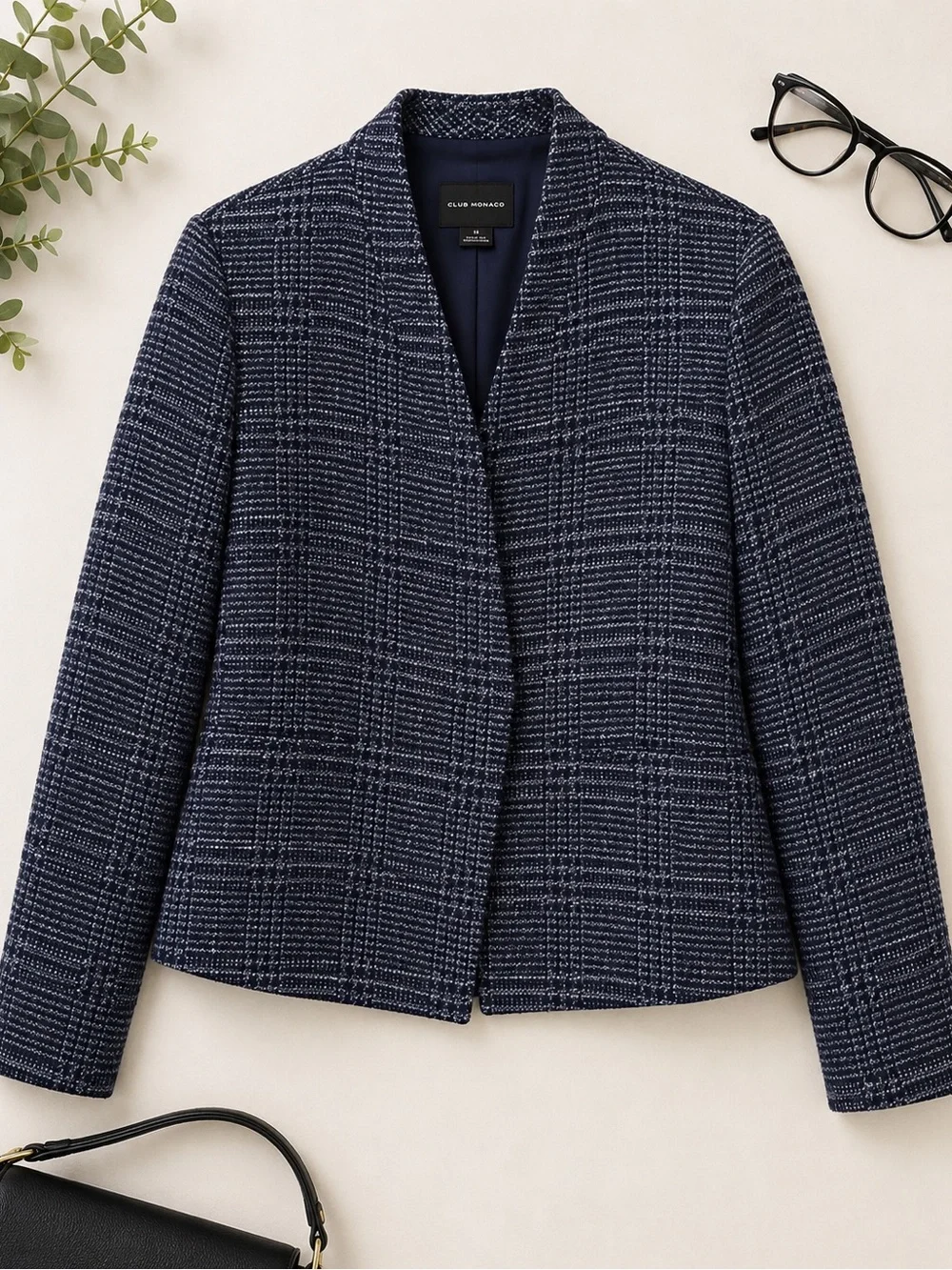 Club Monaco Navy Plaid Tweed Open-Front Blazer Jacket